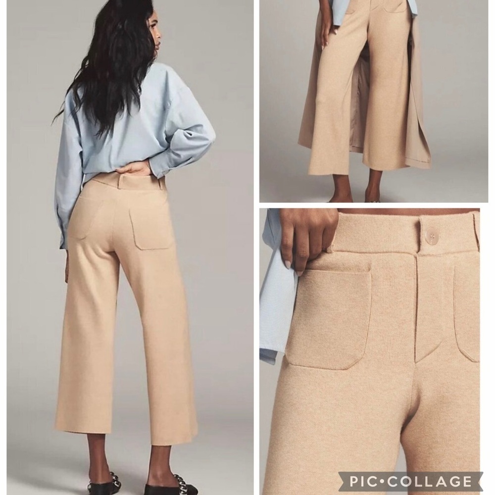 NWT new medium Anthropologie Maeve Colette sweater knit wide leg pants beige - Picture 7 of 16